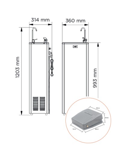 Amazonas inox, fuente metálica de 25 l/h con pedal medidas acotadas