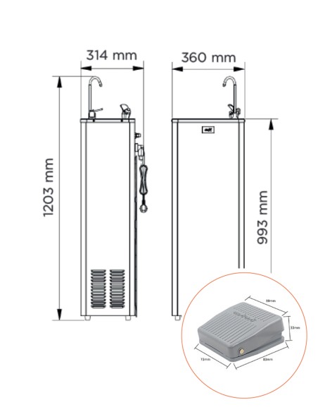 Amazonas inox, fuente metálica de 25 l/h con pedal medidas acotadas